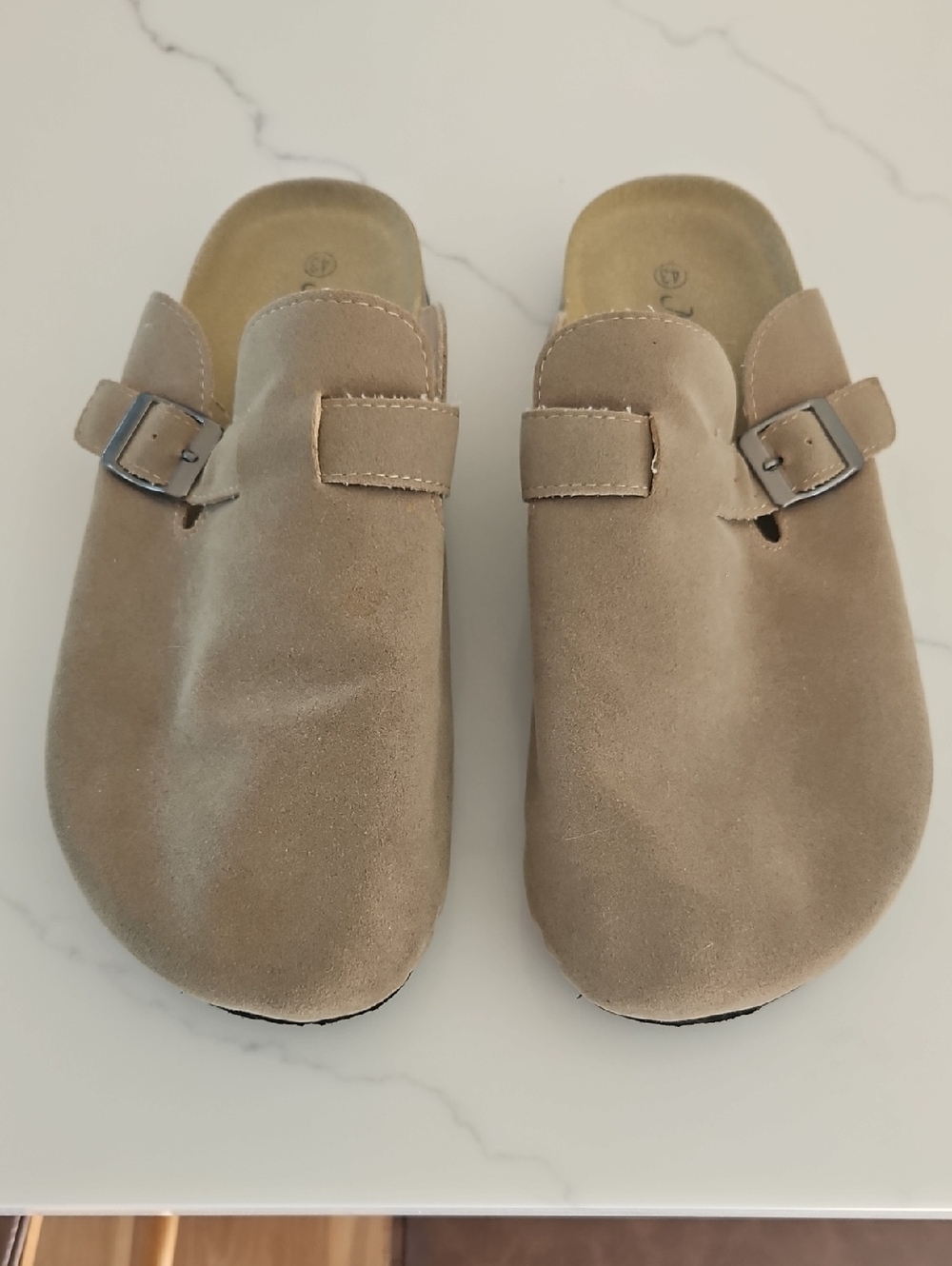 Beige Suede Slip-On Clogs with Buckle